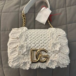 Elegant White Crochet Bag with Gold Accents